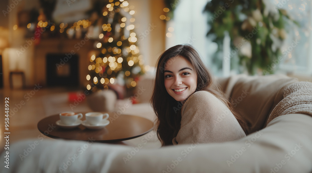 The hostess was sitting on the sofa with coffee cups on the table