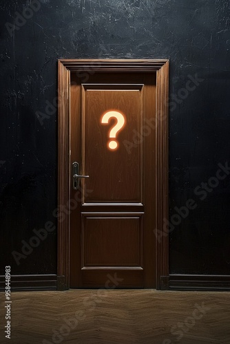 An isolated closed door with a question mark icon glowing on the door, in an empty room 