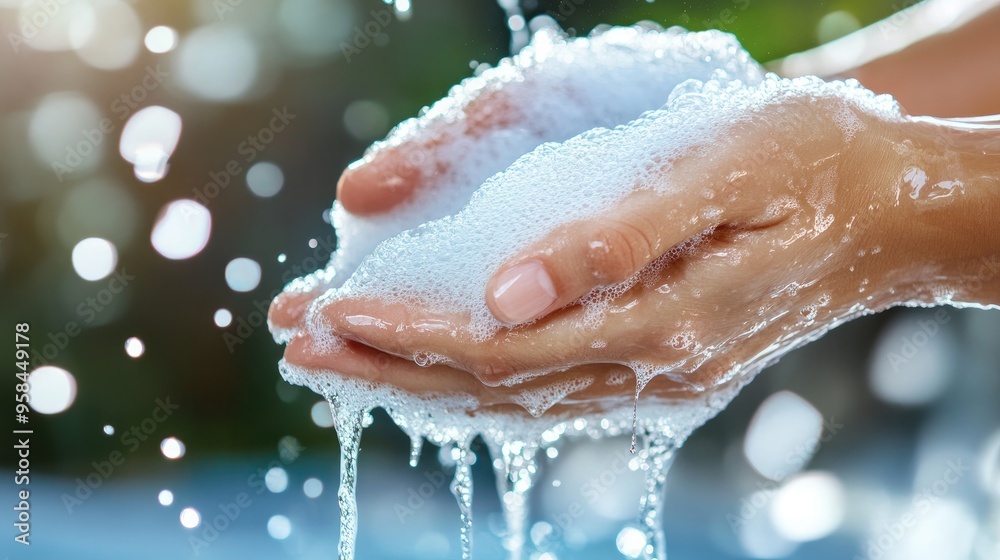 Fototapeta premium A close-up of hands lathering with soap under running water for proper hygiene