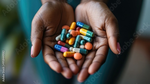 A close-up of hands holding a variety of colorful vitamins and supplements