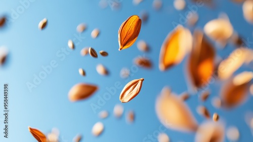 Macro shot of seeds being dispersed by wind, floating gracefully against a clear blue sky, emphasizing the natural spread of plant life photo