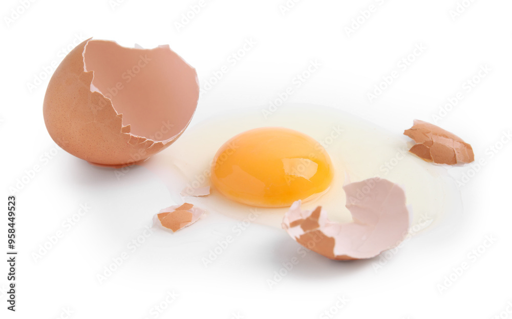 Broken raw egg and shell isolated on white Broken raw egg and shell isolated on white