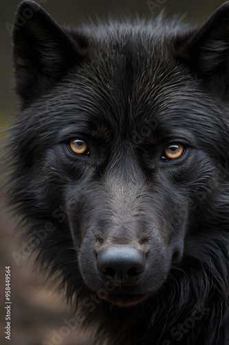 Portrait of a black wolf's face, close-up