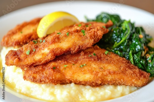 A plate of fried fish fillets with lemon, served with creamy grits and saut?ed greens.