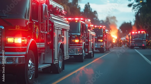 Fire trucks lined up in preparation for a mission. AI generated image