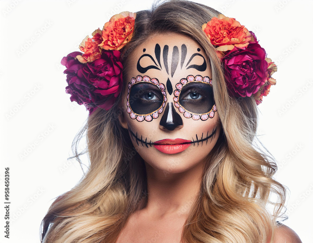 Day of the Dead Portrait of Woman with Skull and Bone Mask and Floral Hair Elements Day of the Dead Portrait of Woman with Skull and Bone Mask and Floral Hair Elements