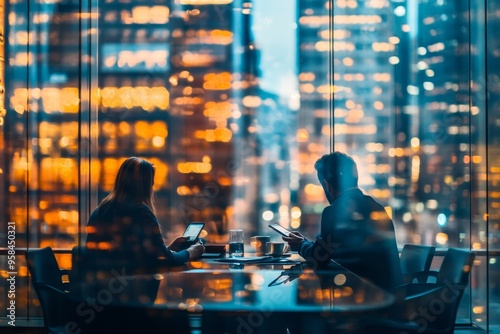 The business man is working in his office with a tablet in the foreground. The image represents the concept of teamwork and partnership. This image is double exposed with light effects.