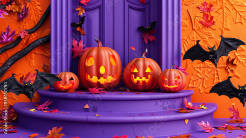 Spooky Halloween front porch with glowing pumpkins and bats against a purple door