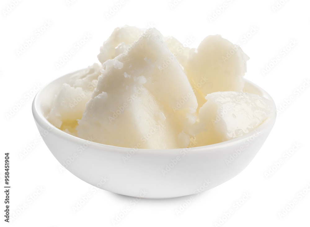 Natural shea butter in bowl isolated on white Natural shea butter in bowl isolated on white