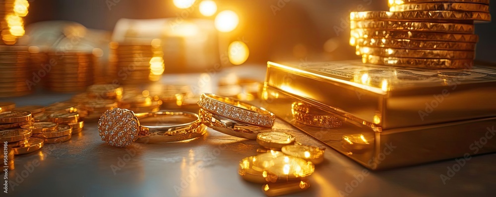Elegant gold coins and rings scattered with a glowing background, symbolizing luxury and wealth in an artistic arrangement.