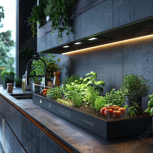 Modern kitchen with built-in indoor garden featuring fresh herbs and vegetables. photo