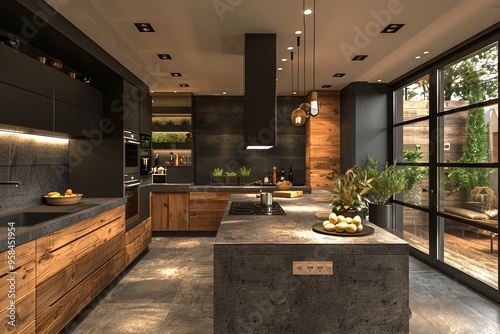 Modern kitchen with dark wood cabinets, concrete countertops, and large windows.  A sleek island and a black range hood complete the space. photo