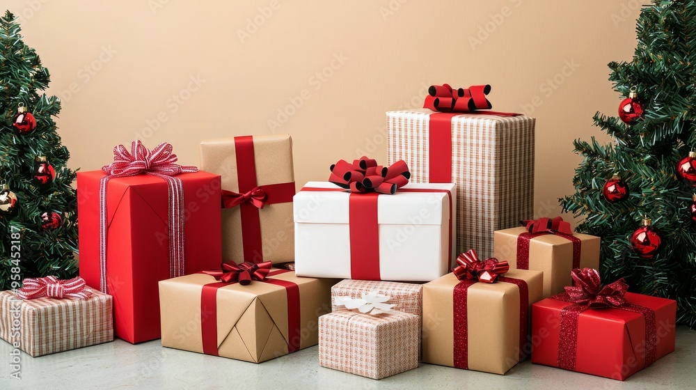 Obraz premium Christmas gift box modern gift wrapping