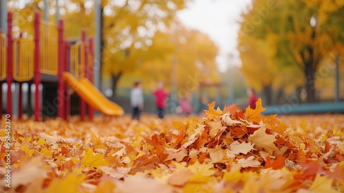A vibrant autumn scene with colorful leaves covering a playground, capturing the essence of fall in a peaceful outdoor setting.