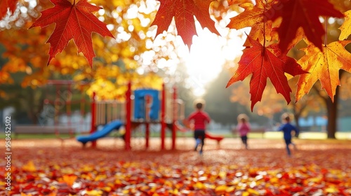 Children enjoying a vibrant playground surrounded by colorful autumn leaves, capturing the essence of fall fun and play.