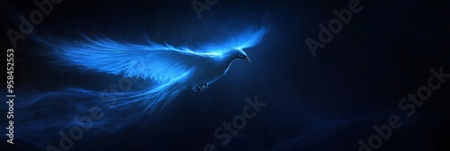 A majestic blue phoenix soaring through a dark, mystical atmosphere.