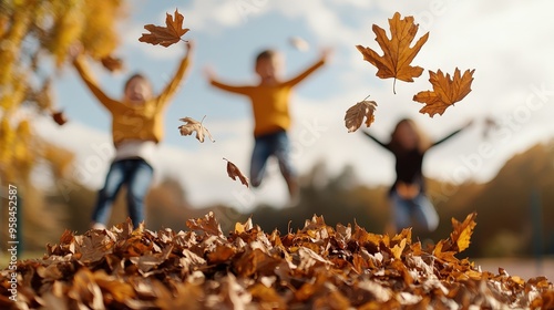 Children joyfully jumping in a pile of autumn leaves under a clear blue sky, capturing the essence of fall fun and happiness.