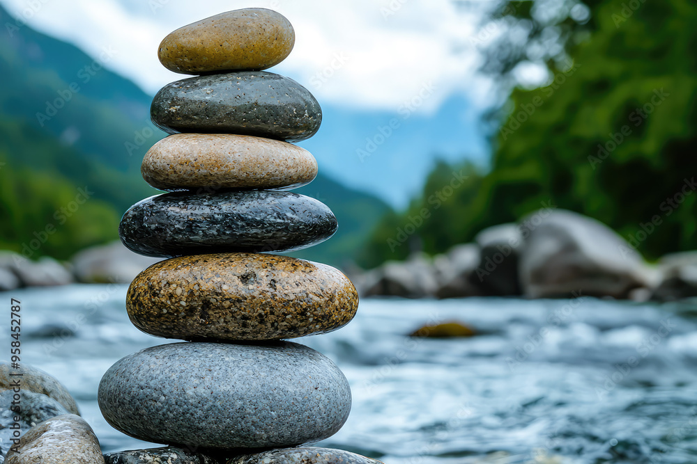 Zen and the Art of Balancing: A Tower of Smooth River Stones Stands Tall, a Symbol of Harmony and Tranquility. Zen and the Art of Balancing: A Tower of Smooth River Stones Stands Tall, a Symbol of Harmony and Tranquility.