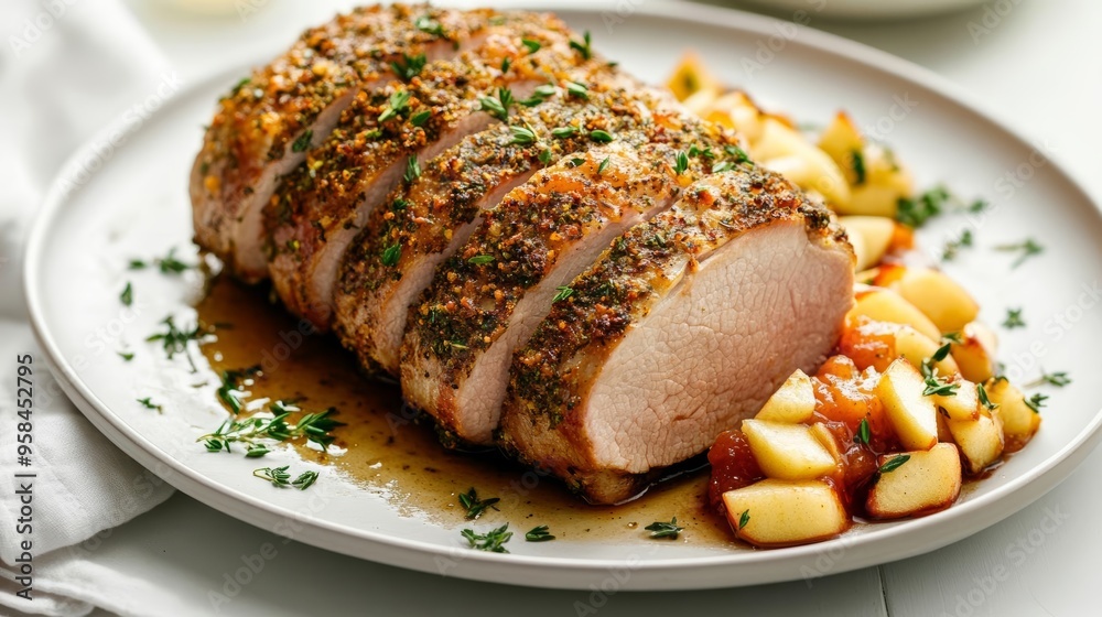 Juicy roasted pork loin with a crispy herb crust, served with apple compote, savory and sweet Juicy roasted pork loin with a crispy herb crust, served with apple compote, savory and sweet