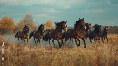 Two horses running in a misty field surrounded by trees. Title: 