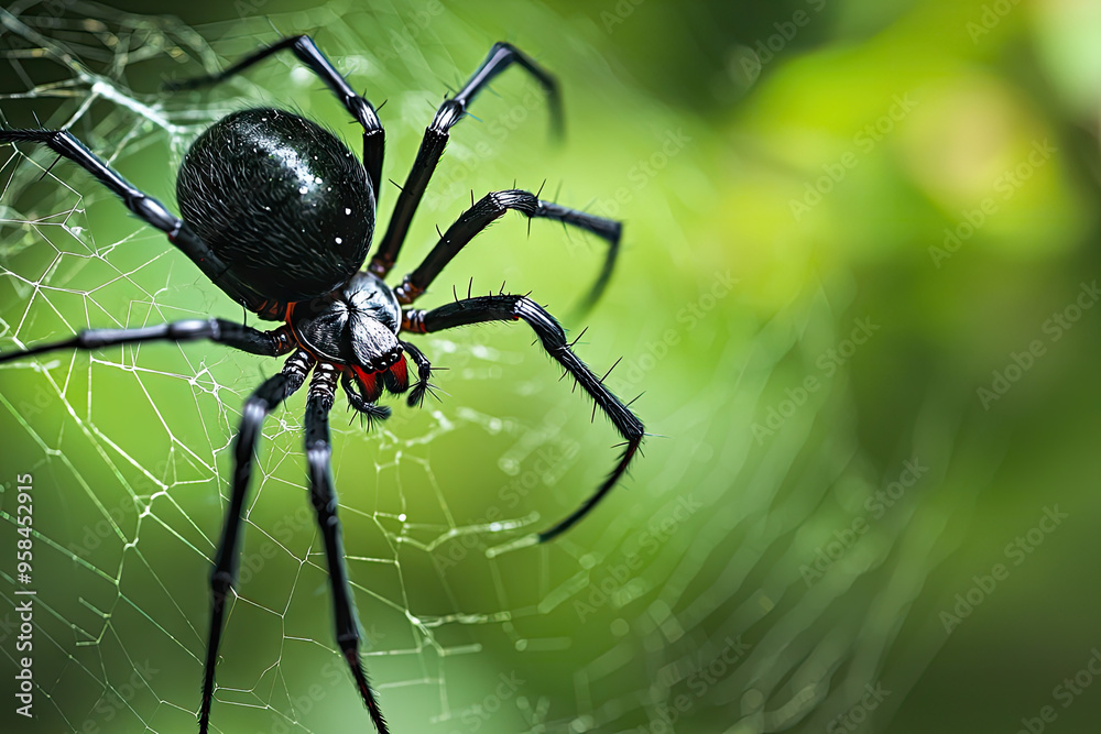 A Black Widow Spider, Its Shiny Black Body Glistening in the Sunlight, Patiently Awaits Prey in Its Delicate Web. A Black Widow Spider, Its Shiny Black Body Glistening in the Sunlight, Patiently Awaits Prey in Its Delicate Web.