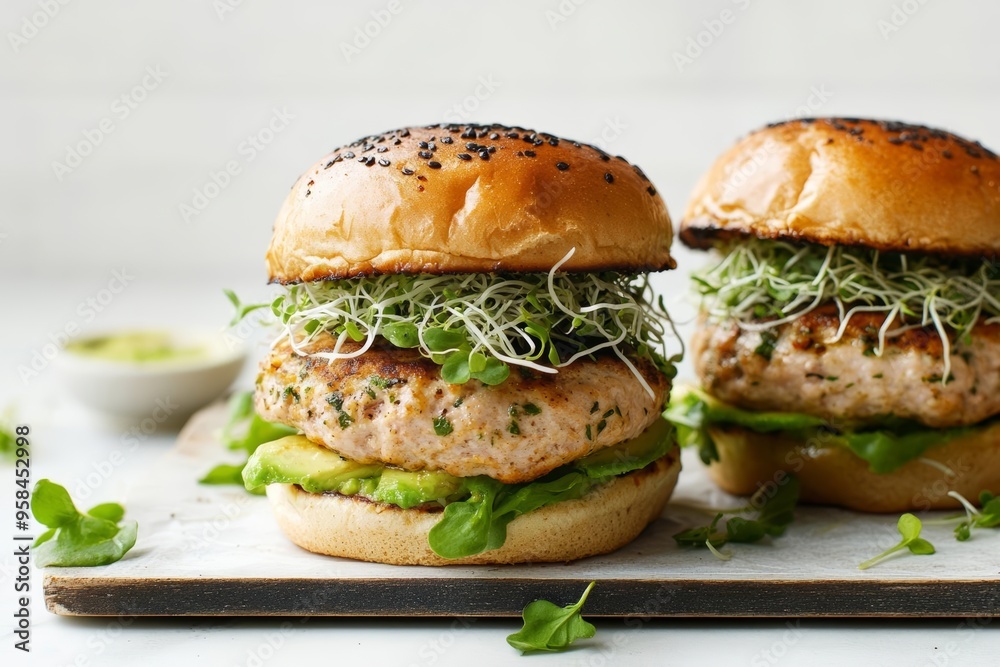 Juicy turkey burger with avocado and sprouts, dripping with flavor, healthy and satisfying Juicy turkey burger with avocado and sprouts, dripping with flavor, healthy and satisfying