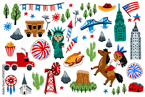 Cartoon style. Childish. July 4th. Symbols of USA. Statue of Liberty, Mount Rushmore, flag, cowboy. For maps and children designs. Set of Independence Day American elements.