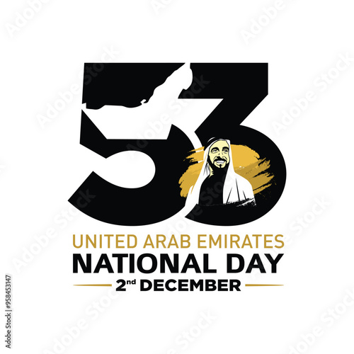 53 National Day of United Arab Emirates. Text Arabic Translation: Our National Day. December 2. UAE map symbol. Vector Logo. Eps 08.