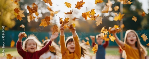 Joyful children playfully toss autumn leaves in a sunny park, celebrating the beauty of the fall season with laughter and friendship.