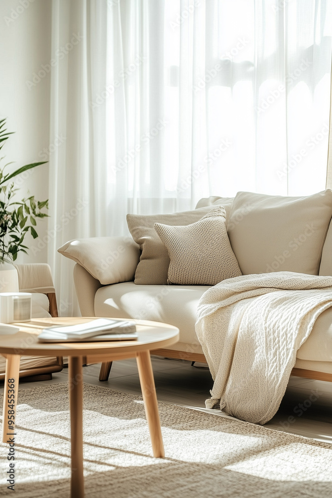 Fototapeta premium A cozy living room setup with a couch, cushions, and a wooden table.