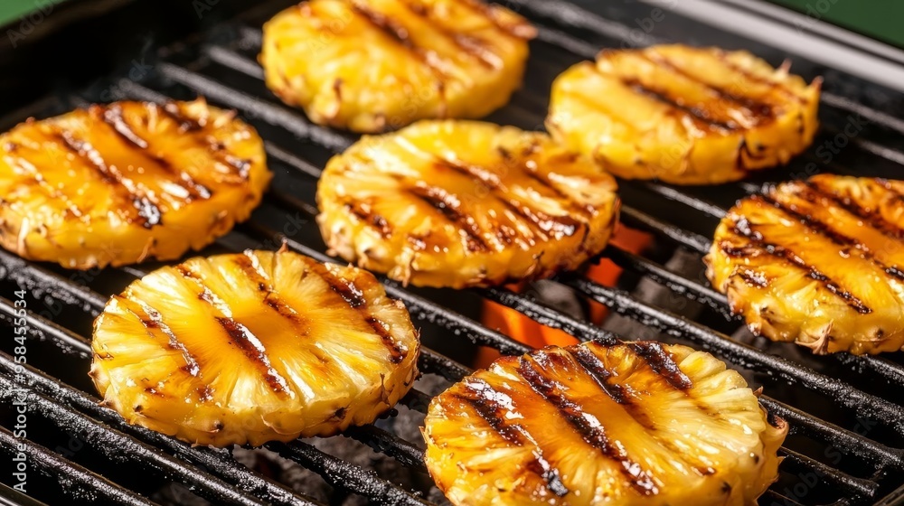 Juicy pineapple slices on a grill, caramelizing with sugar, tropical and sweet, smoky background