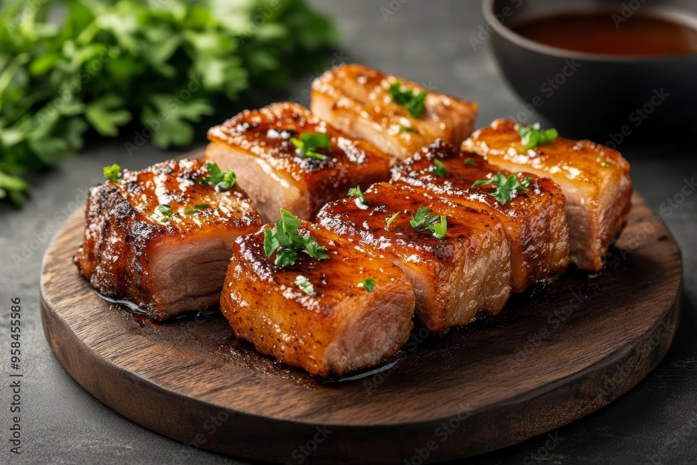 Juicy pork belly slices, crispy on the outside, tender on the inside, served with a tangy glaze Juicy pork belly slices, crispy on the outside, tender on the inside, served with a tangy glaze