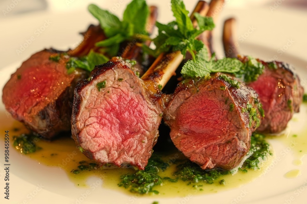 Juicy rack of lamb, perfectly seared, served with a mint chimichurri, luxurious and elegant presentation Juicy rack of lamb, perfectly seared, served with a mint chimichurri, luxurious and elegant presentation
