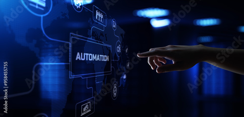 Automation RPA Workflow business industrial process optimisation. Innovation technology concept. Hand pressing button.