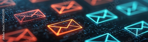 Colorful digital representation of email icons on a dark background, symbolizing communication and technology. photo