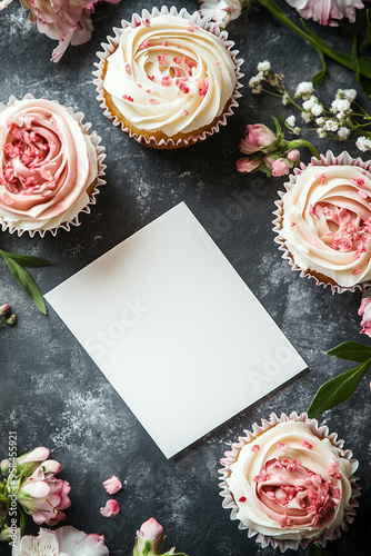 Top view of pink frosted cupcakes, roses, and blank card for celebrations.