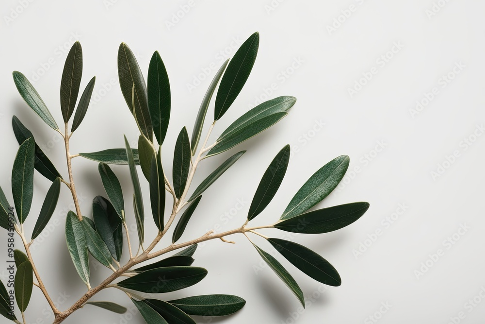 Delicate Olive Branch with Verdant Leaves Isolated on White Background Delicate Olive Branch with Verdant Leaves Isolated on White Background