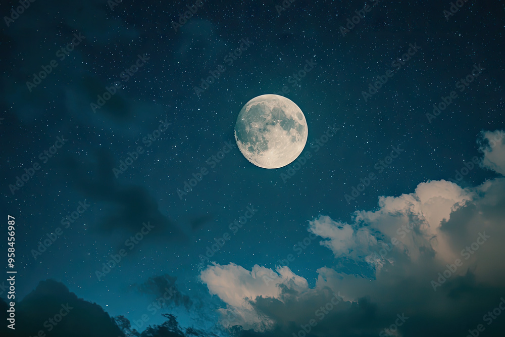 Fototapeta premium A Serene Night Sky, Bathed in the Glow of a Full Moon, Inviting Tranquility and Rest.