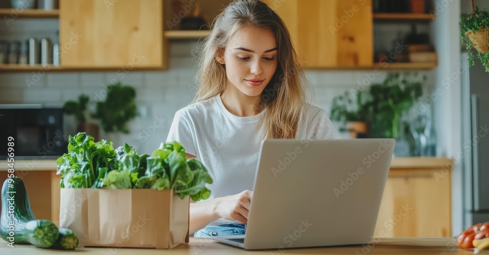 Close-up of woman in white shirt cooking salad at home. Healthy recipe book, menu. Girl using laptop to view video while making vegan salad. Close-up of woman in white shirt cooking salad at home. Healthy recipe book, menu. Girl using laptop to view video while making vegan salad.