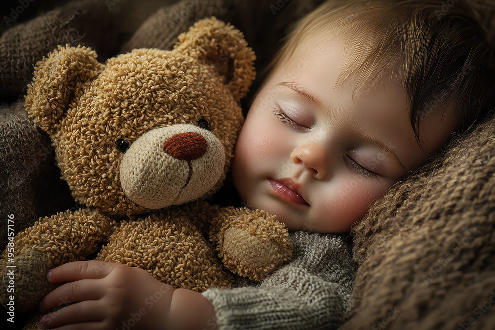 A Tiny Dreamer's Sweet Embrace: A Peaceful Child Napping Tightly With Their Beloved Teddy Bear A Tiny Dreamer's Sweet Embrace: A Peaceful Child Napping Tightly With Their Beloved Teddy Bear