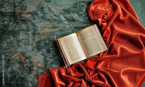 An open book on a textured blue background with flowing red fabric. photo