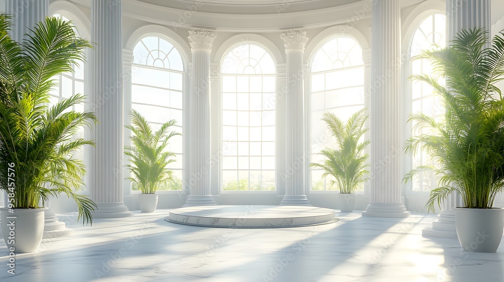 Bright interior, classical white columns, sunlight streaming through, lush green potted palms, circular podium, marble floor, soft shadows, airy atmosphere. Bright interior, classical white columns, sunlight streaming through, lush green potted palms, circular podium, marble floor, soft shadows, airy atmosphere.