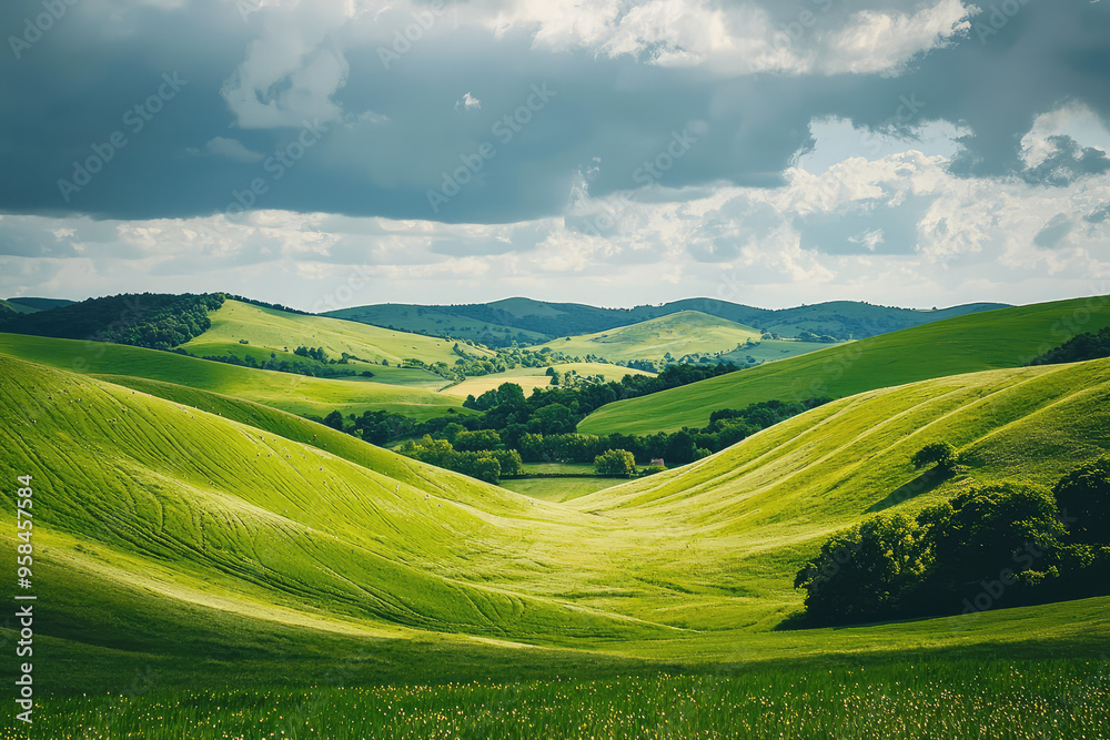 A Symphony of Green: Rolling Hills Under a Cloudy Sky A Symphony of Green: Rolling Hills Under a Cloudy Sky