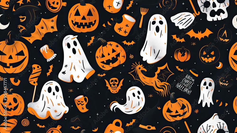 Halloween-themed pattern with pumpkins, ghosts, and spooky elements. AI generated image. Colorful Doodle Background Halloween-themed pattern with pumpkins, ghosts, and spooky elements. AI generated image. Colorful Doodle Background