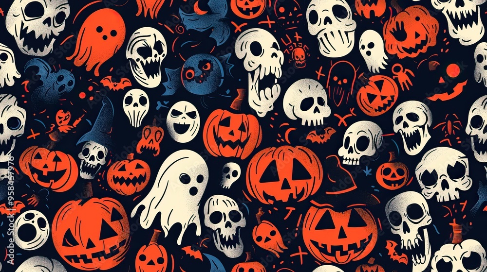 Halloween-themed pattern with pumpkins, ghosts, and spooky elements. AI generated image. Colorful Doodle Background Halloween-themed pattern with pumpkins, ghosts, and spooky elements. AI generated image. Colorful Doodle Background