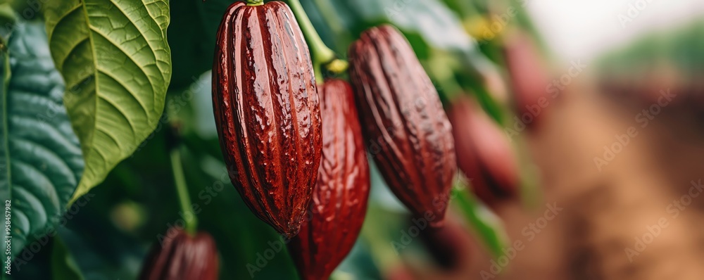 Close-up of vibrant red cacao pods hanging from lush green foliage, showcasing the beauty of nature in a cocoa plantation. Close-up of vibrant red cacao pods hanging from lush green foliage, showcasing the beauty of nature in a cocoa plantation.