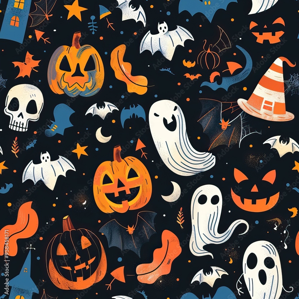 Halloween-themed pattern with pumpkins, ghosts, and spooky elements. AI generated image. Colorful Doodle Background Halloween-themed pattern with pumpkins, ghosts, and spooky elements. AI generated image. Colorful Doodle Background