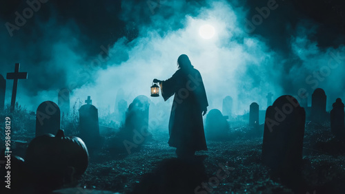 Haunted church illuminated by glowing jack-o'-lanterns on a misty Halloween night.