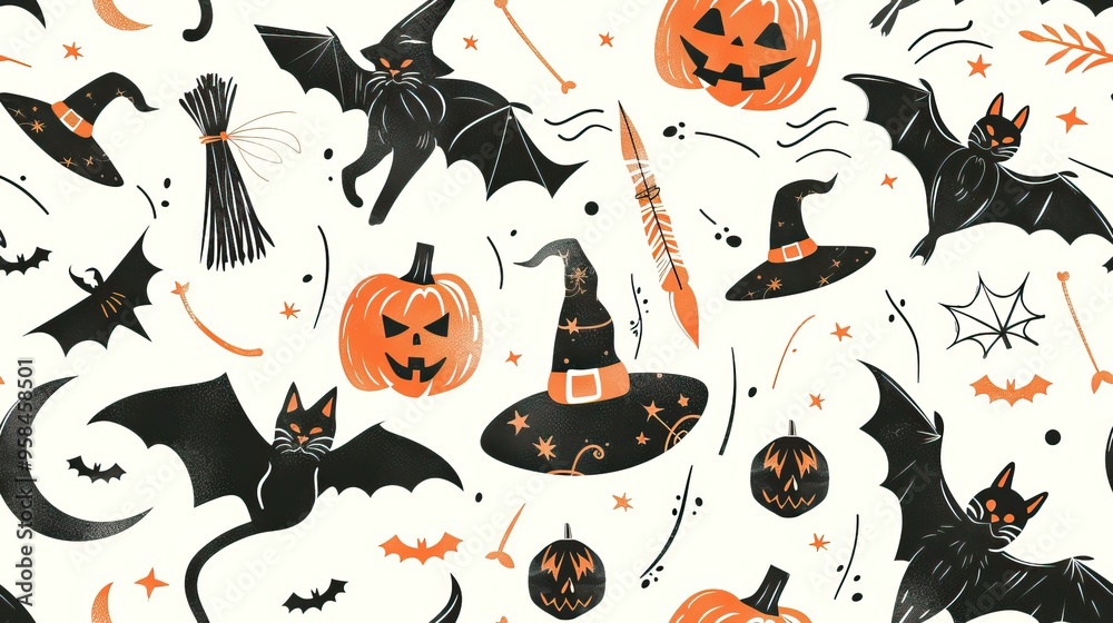 A Halloween-themed pattern with bats, cats, and spooky objects. AI generated image doodle background A Halloween-themed pattern with bats, cats, and spooky objects. AI generated image doodle background