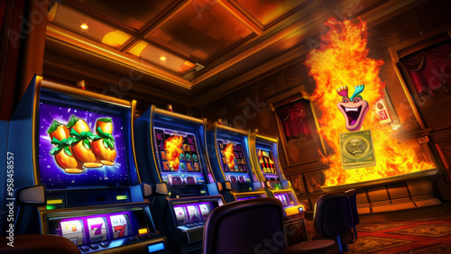 Vibrant slot machines and fiery animated faces in a lively casino setting